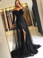 Sheath/Column Off-the-shoulder Lace Tulle Prom Dress with Appliques