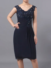 Sheath/Column V-neck Chiffon Tulle Knee-length Beading Mother of the Bride Dress