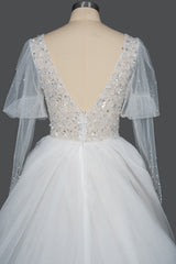 Sheer Long Sleeves Ball Gown Wedding Dress Tulle With Beads-27dress