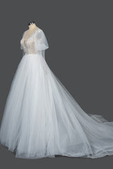 Sheer Long Sleeves Ball Gown Wedding Dress Tulle With Beads-27dress