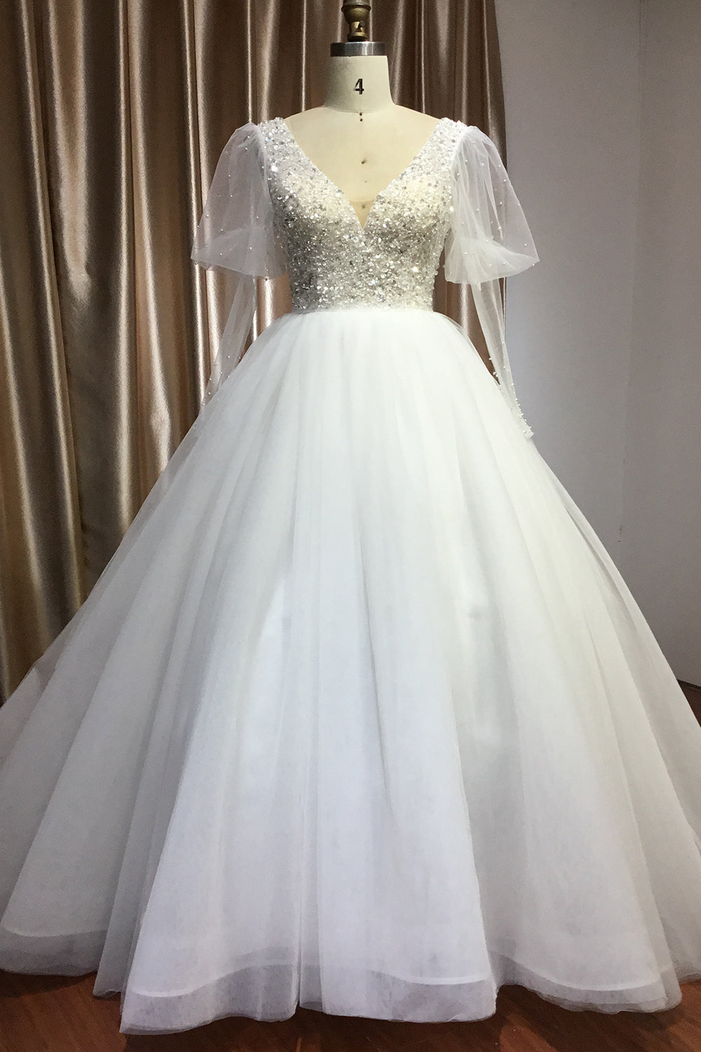 Sheer Long Sleeves Ball Gown Wedding Dress Tulle With Beads-27dress