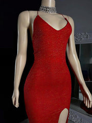 Shimmer Crepe Sweep Train Prom Dresses with Split Front Sheath/Column V-Neck