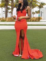 Shimmer Crepe Sweep Train Prom Dresses with Split Front Sheath/Column V-Neck