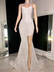 Shimmer Crepe Sweep Train Prom Dresses with Split Front Sheath/Column V-Neck