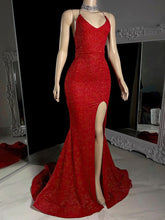 Shimmer Crepe Sweep Train Prom Dresses with Split Front Sheath/Column V-Neck