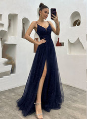 Shine Bright in the Sparkly Tulle A-Line Prom Dress with Split Front-27dress