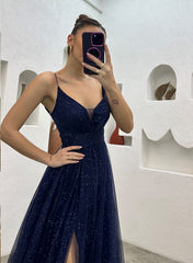 Shine Bright in the Sparkly Tulle A-Line Prom Dress with Split Front-27dress