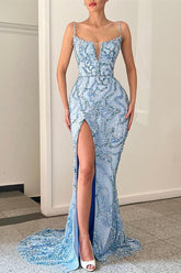 Shining Blue Spaghetti Strap Mermaid Prom Dress Split With Sequins