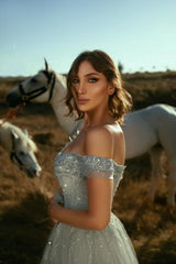 Shining Off-the-Shoulder A-line Tulle Wedding Dress-27dress