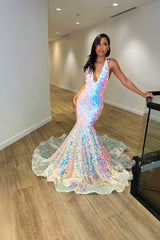 Shining Sequins Halter Deep V Neck Sleeveless Backless Long Mermaid Prom Dress