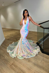 Shining Sequins Halter Deep V Neck Sleeveless Backless Long Mermaid Prom Dress