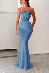 Shining Strapless Sleeveless Mermaid Long Prom Dress With Pleated