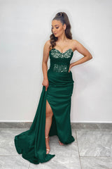 Shinning Champagne Strapless Sleeveless Mermaid Split Prom Dress With Beadings