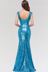 Shinny Sequined Long Mermaid Blue Affordable Bridesmaid Dress-27dress