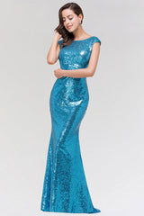 Shinny Sequined Long Mermaid Blue Affordable Bridesmaid Dress-27dress