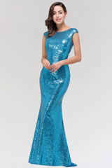 Shinny Sequined Long Mermaid Blue Affordable Bridesmaid Dress-27dress
