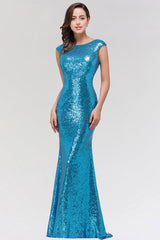 Shinny Sequined Long Mermaid Blue Affordable Bridesmaid Dress-27dress