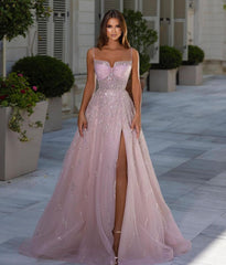 Shiny Pink Spaghetti Strap A Line Prom Dress Appliques Sleeveless With Split