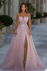 Shiny Pink Spaghetti Strap A Line Prom Dress Appliques Sleeveless With Split