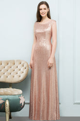 Shiny Sequined Scoop Sleeveless Champagne Bridesmaid Dress Online-27dress