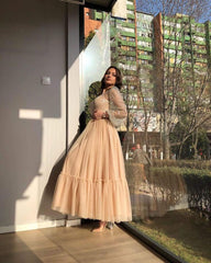 Short A-line Bateau Sequins Tea-length Tulle Prom Dresses with Sleeves-27Dress