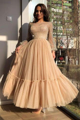 Short A-line Bateau Sequins Tea-length Tulle Prom Dresses with Sleeves-27Dress