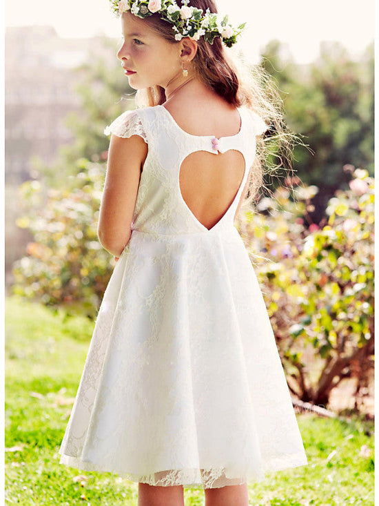 Short A-Line Lace Satin Jewel Neck Wedding Party Flower Girl Dresses-27dress