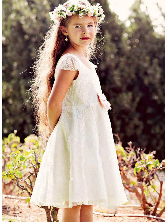 Short A-Line Lace Satin Jewel Neck Wedding Party Flower Girl Dresses-27dress