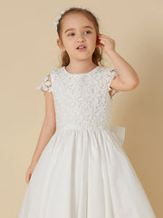 Short A-Line Lace Scoop Neck Wedding First Communion Flower Girl Dresses with Sleeves-27dress
