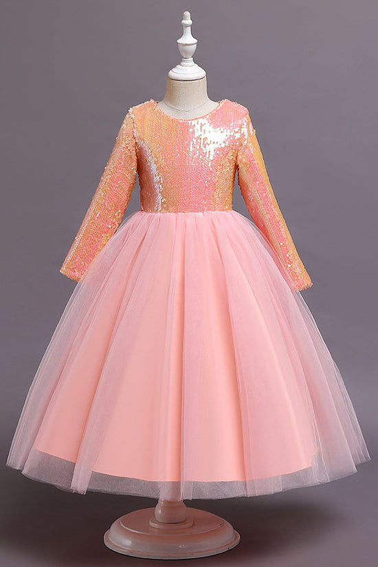 Short A-line Sequins Tulle Flower Girl Dresses with Sleeves-27dress