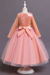 Short A-line Sequins Tulle Flower Girl Dresses with Sleeves-27dress