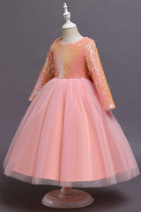 Short A-line Sequins Tulle Flower Girl Dresses with Sleeves-27dress