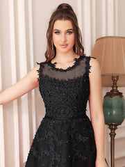 Short A Line Sleeveless Crew Neck Tulle Lace Formal Dress-27dress
