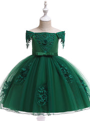 Short A-Line Tulle Off The Shoulder Wedding Birthday Pageant Flower Girl Dresses with Sleeves-27dress