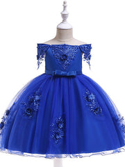 Short A-Line Tulle Off The Shoulder Wedding Birthday Pageant Flower Girl Dresses with Sleeves-27dress