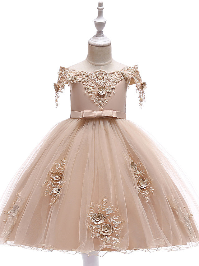 Short A-Line Tulle Off The Shoulder Wedding Birthday Pageant Flower Girl Dresses with Sleeves-27dress