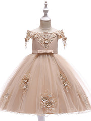 Short A-Line Tulle Off The Shoulder Wedding Birthday Pageant Flower Girl Dresses with Sleeves-27dress