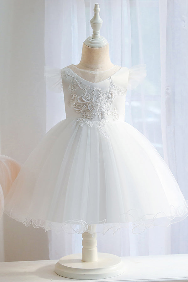 Short Ball Gown Appliques Lace Pleated Tulle Flower Girl Dresses-27dress