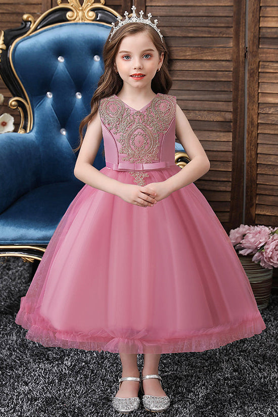 Short Ball Gown Appliques Lace Scoop Tulle Flower Girl Dresses-27dress