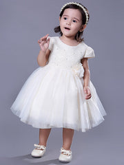 Short Ball Gown Lace Jewel Neck Wedding Event Party Flower Girl Dresses with Sleeves-27dress