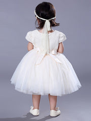 Short Ball Gown Lace Jewel Neck Wedding Event Party Flower Girl Dresses with Sleeves-27dress