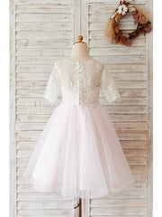 Short Ball Gown Lace Tulle Half Sleeve Jewel Neck Wedding Birthday Flower Girl Dresses-27dress