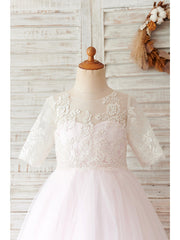 Short Ball Gown Lace Tulle Half Sleeve Jewel Neck Wedding Birthday Flower Girl Dresses-27dress
