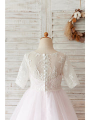 Short Ball Gown Lace Tulle Half Sleeve Jewel Neck Wedding Birthday Flower Girl Dresses-27dress