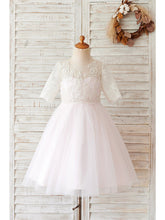 Short Ball Gown Lace Tulle Half Sleeve Jewel Neck Wedding Birthday Flower Girl Dresses-27dress