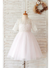 Short Ball Gown Lace Tulle Half Sleeve Jewel Neck Wedding Birthday Flower Girl Dresses-27dress