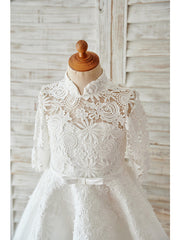 Short Ball Gown Lace Tulle High Neck Wedding Birthday Flower Girl Dresses With Sleeves-27dress