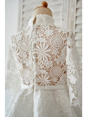 Short Ball Gown Lace Tulle High Neck Wedding Birthday Flower Girl Dresses With Sleeves-27dress