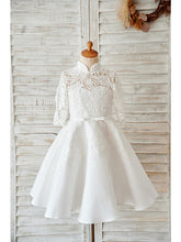Short Ball Gown Lace Tulle High Neck Wedding Birthday Flower Girl Dresses With Sleeves-27dress