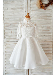Short Ball Gown Lace Tulle High Neck Wedding Birthday Flower Girl Dresses With Sleeves-27dress